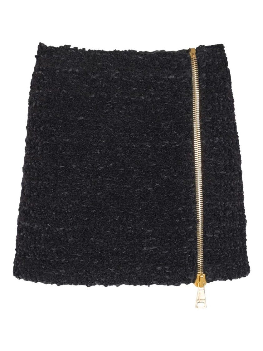 Balmain Textured Black Mini Skirt With Gold Zipper Detail