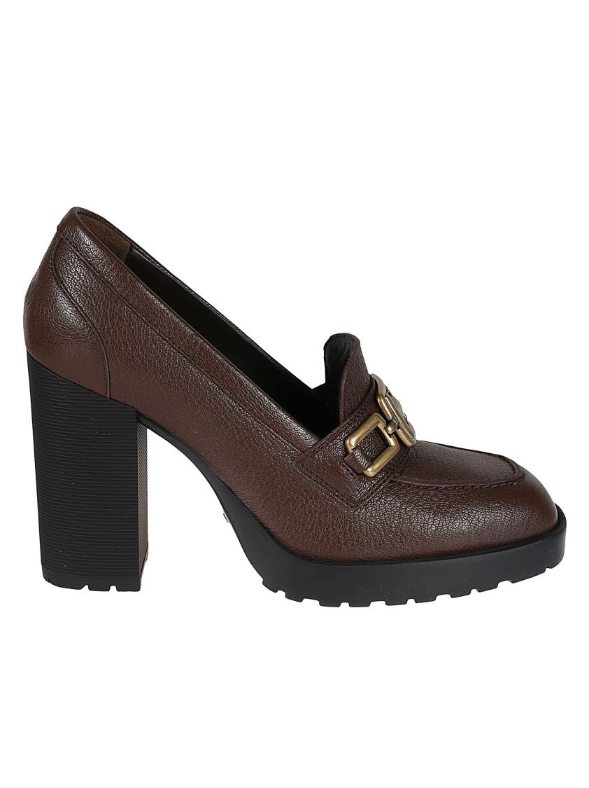 Hogan H623 Brown Leather Loafer With Gold Buckle