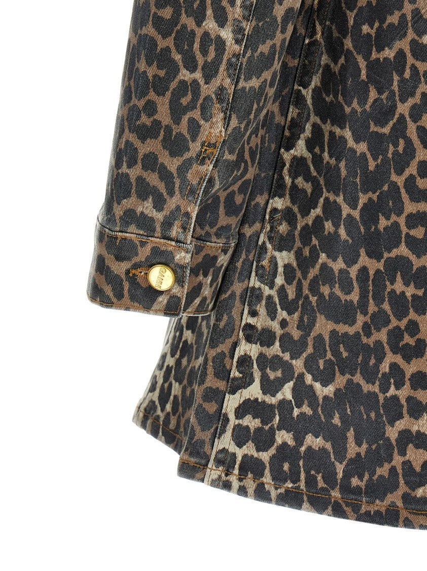 Ganni Leopard Print Cotton Denim Mini Dress