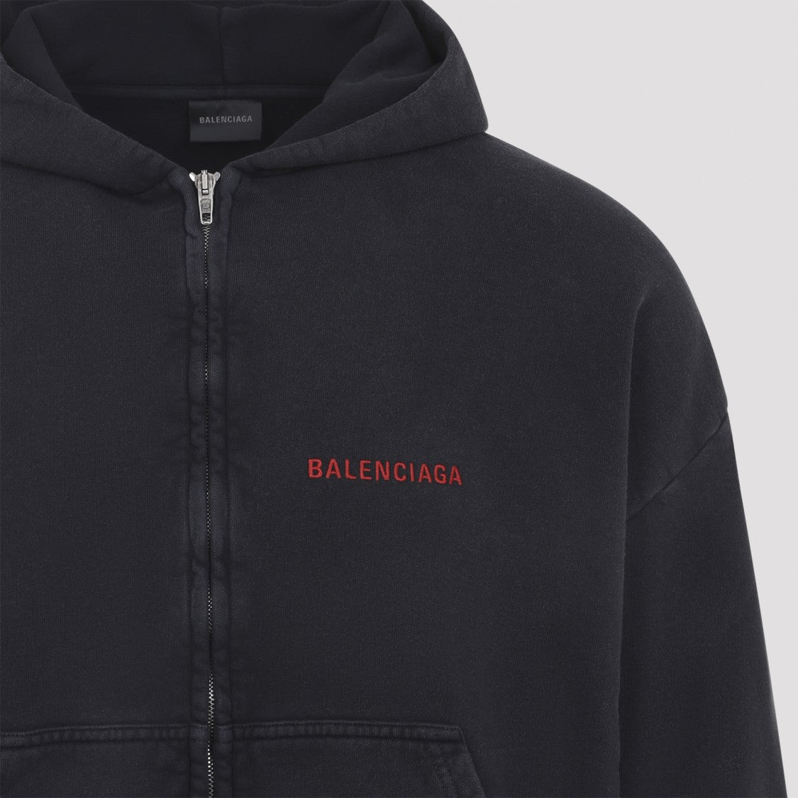 Balenciaga Faded Black Fleece Zip-Up Hoodie With Contrasting Logo
