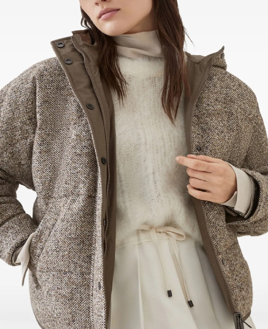 Brunello Cucinelli Mid-Length Reversible Puffer Jacket With Subtle Herringbone Pattern