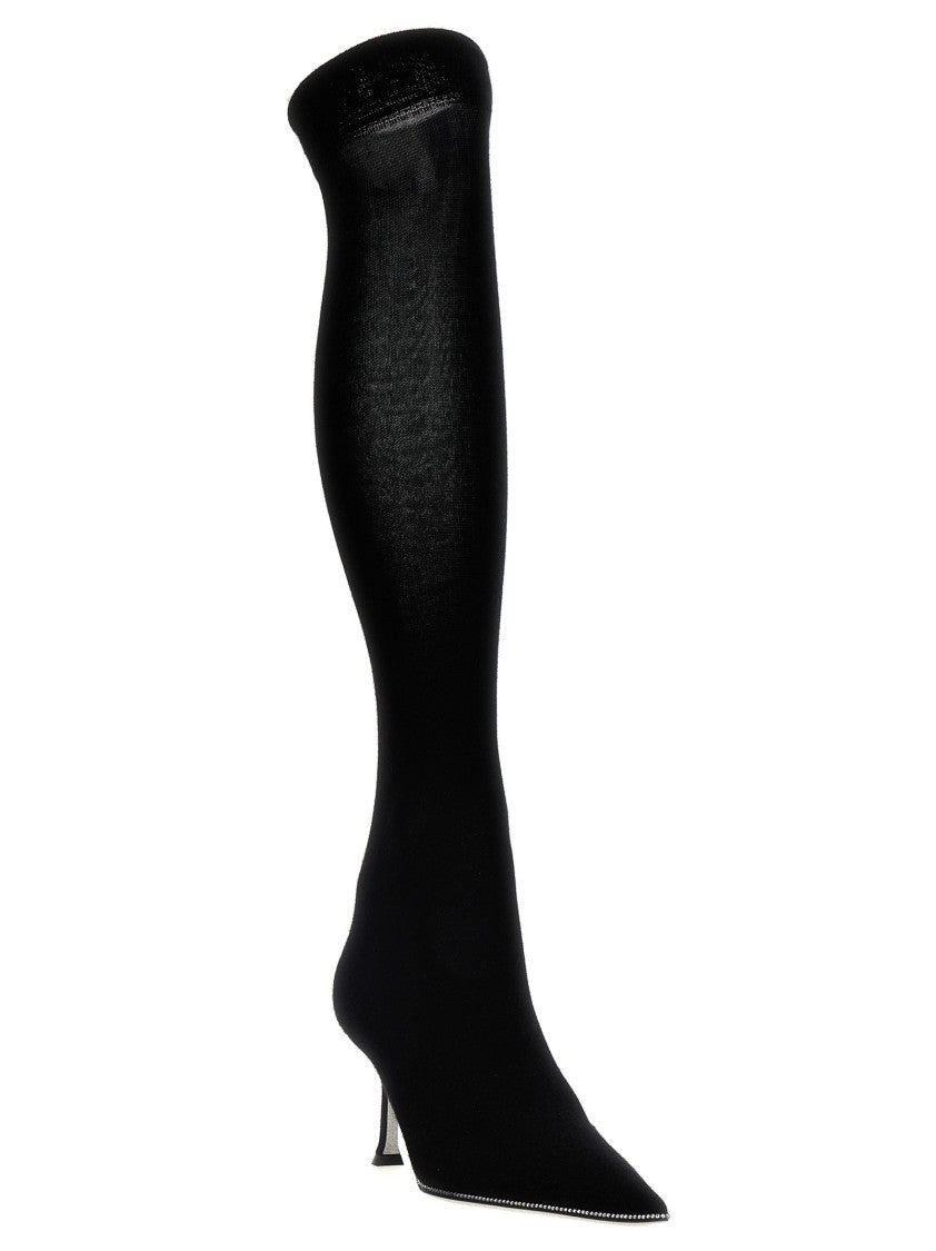 René Caovilla High-Leg Knitted Boots With Rhinestone Detailing