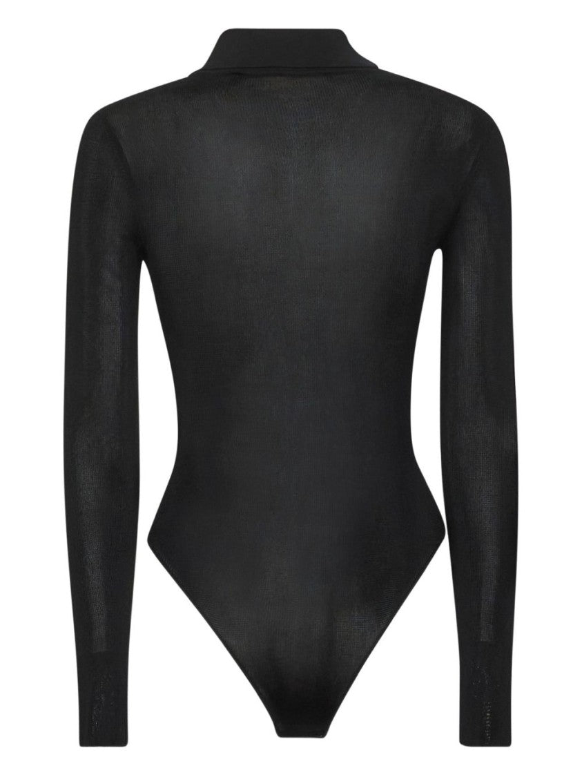 Self-Portrait Fitted Black Bodysuit With Polo Collar