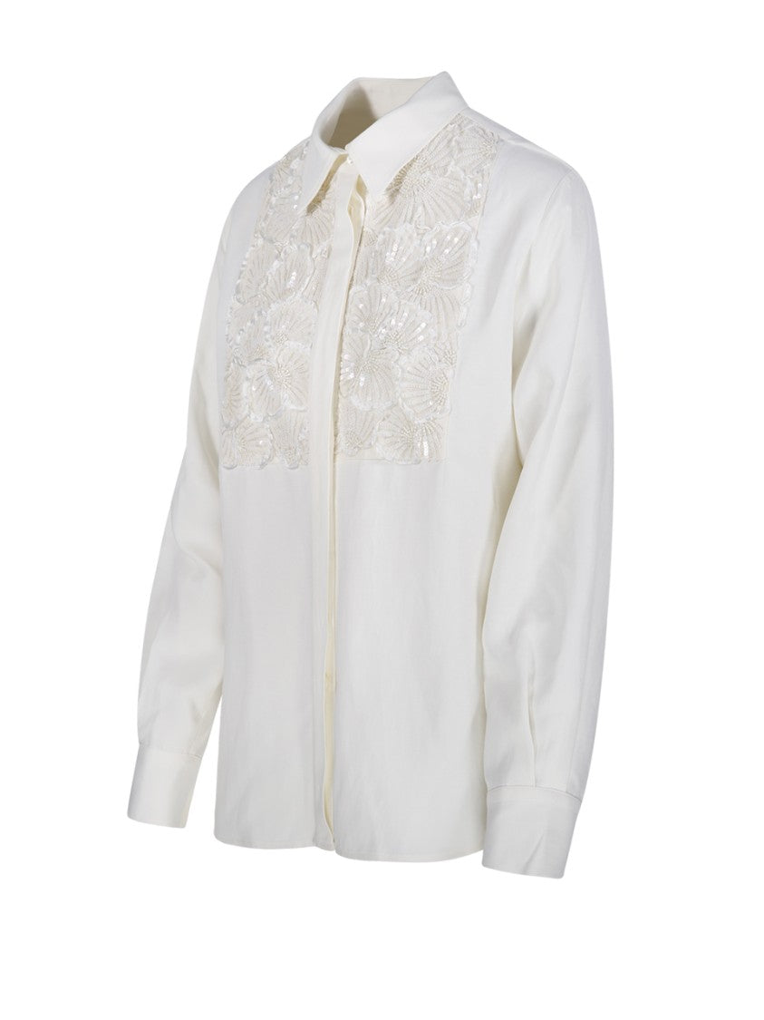 Parosh Floral Embroidered White Shirt With Sequins