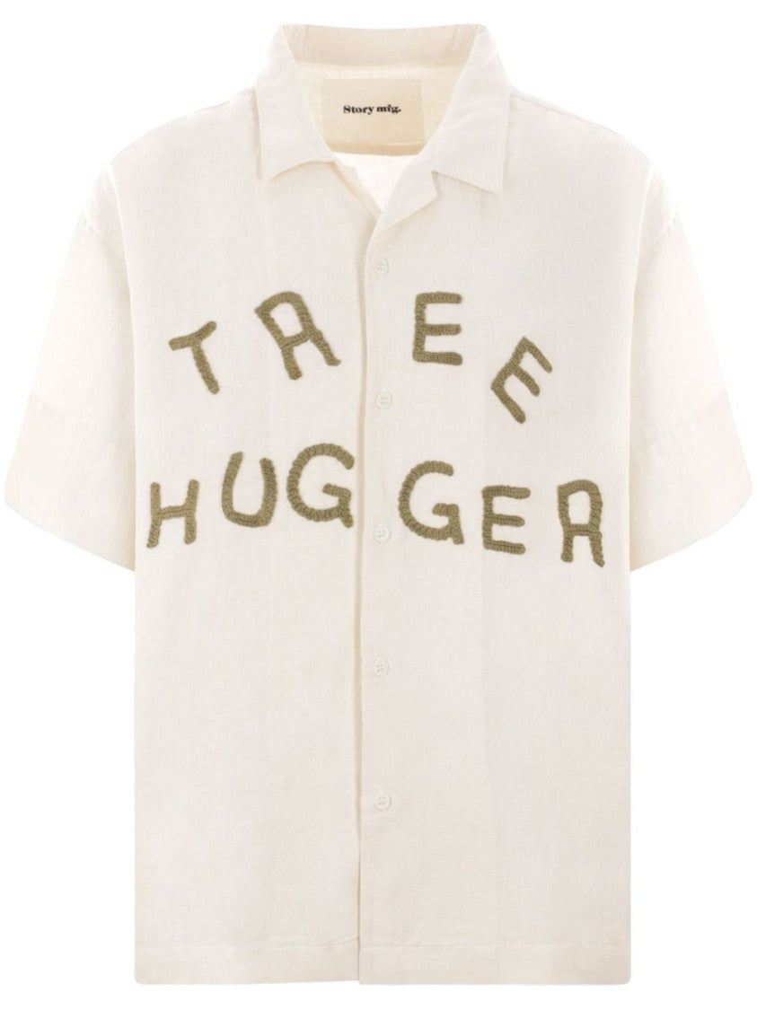 Story Mfg Crochet Appliqué Lettering Ecru Cotton-Linen Blend Shirt