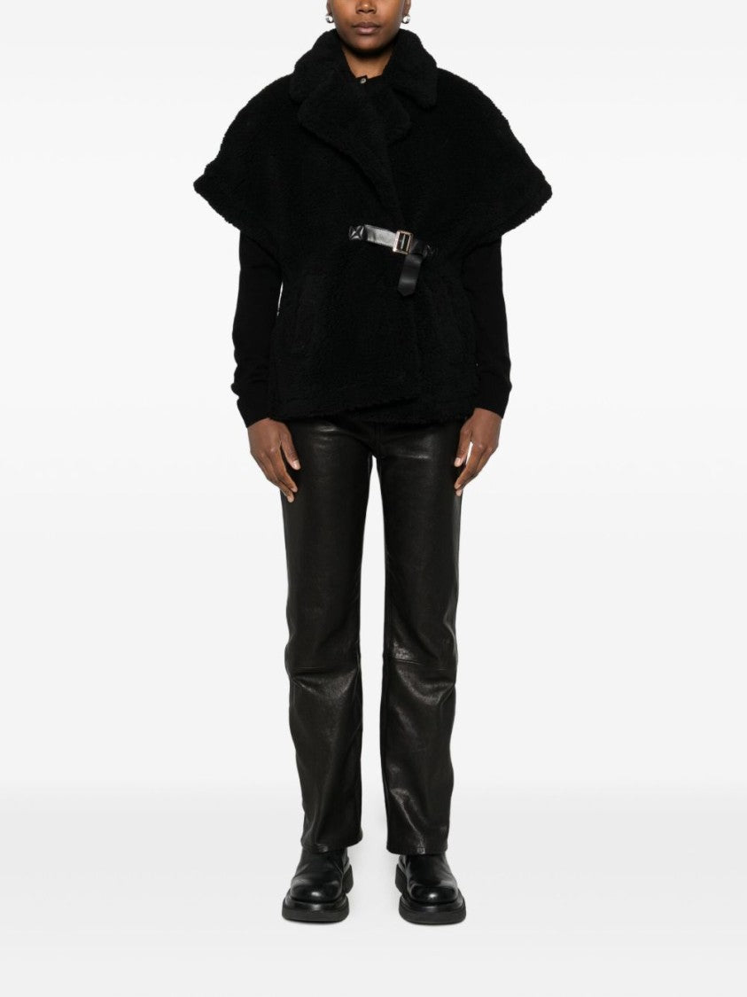 Blugirl Boxy Black Textured Jacket With Wide Collar And Leather Belt