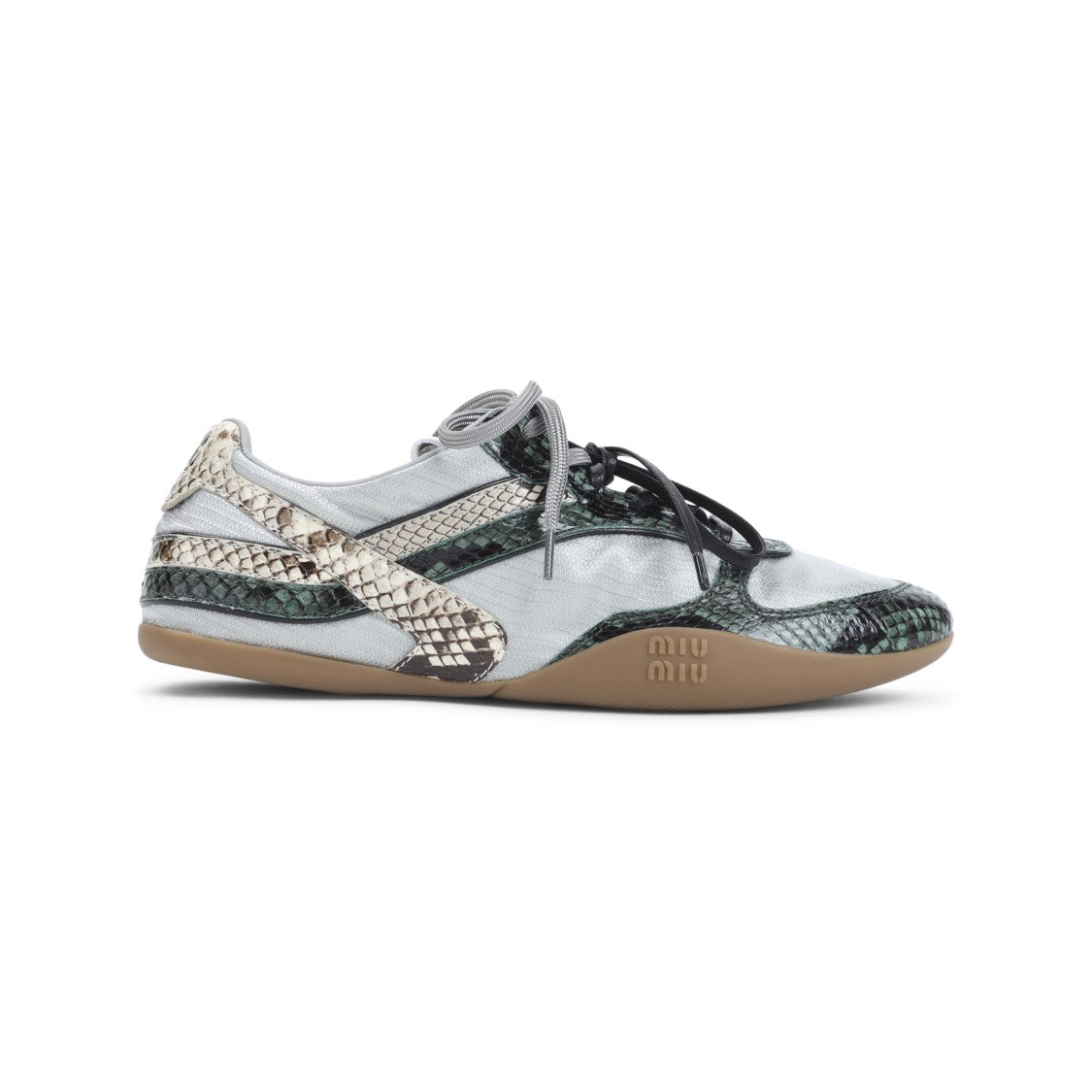 Miu Miu Laced Grey Sneakers With Snake-Print Overlays