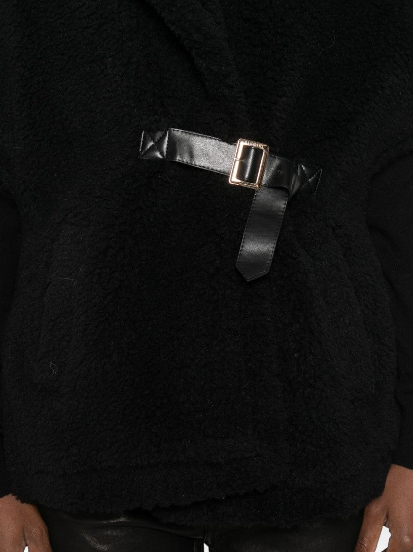 Blugirl Boxy Black Textured Jacket With Wide Collar And Leather Belt