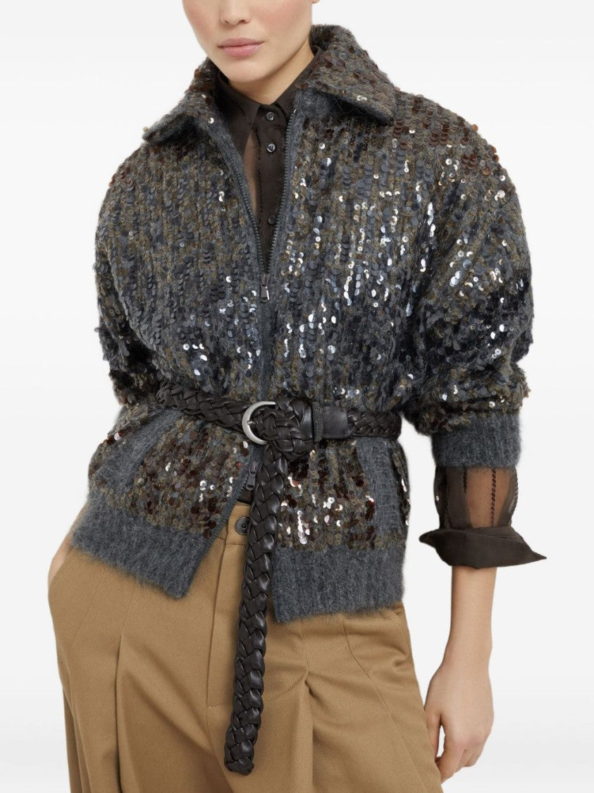 Brunello Cucinelli Textured Grey Sweater With Sequined Detailing