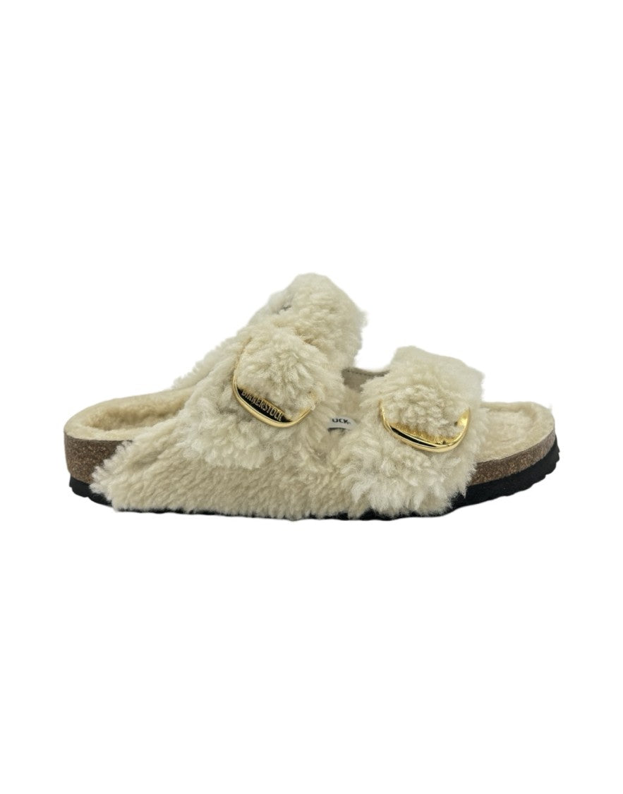 Birkenstock Shearling Teddy Sandals With Adjustable Gold Buckles
