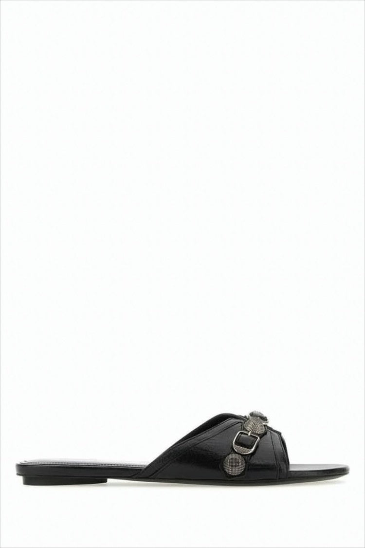 Balenciaga Flat Black Mule Slipper With Metallic Buckle Details
