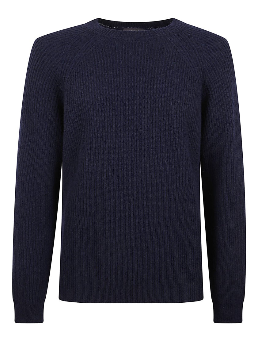 Zanone Ribbed Crewneck Sweater In Rich Blue Wool