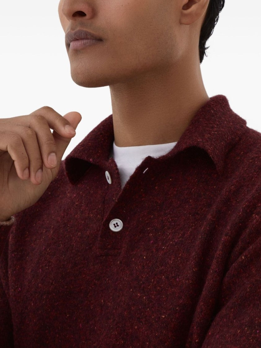 Brunello Cucinelli Burgundy Polo Collar Sweater With Speckled Texture