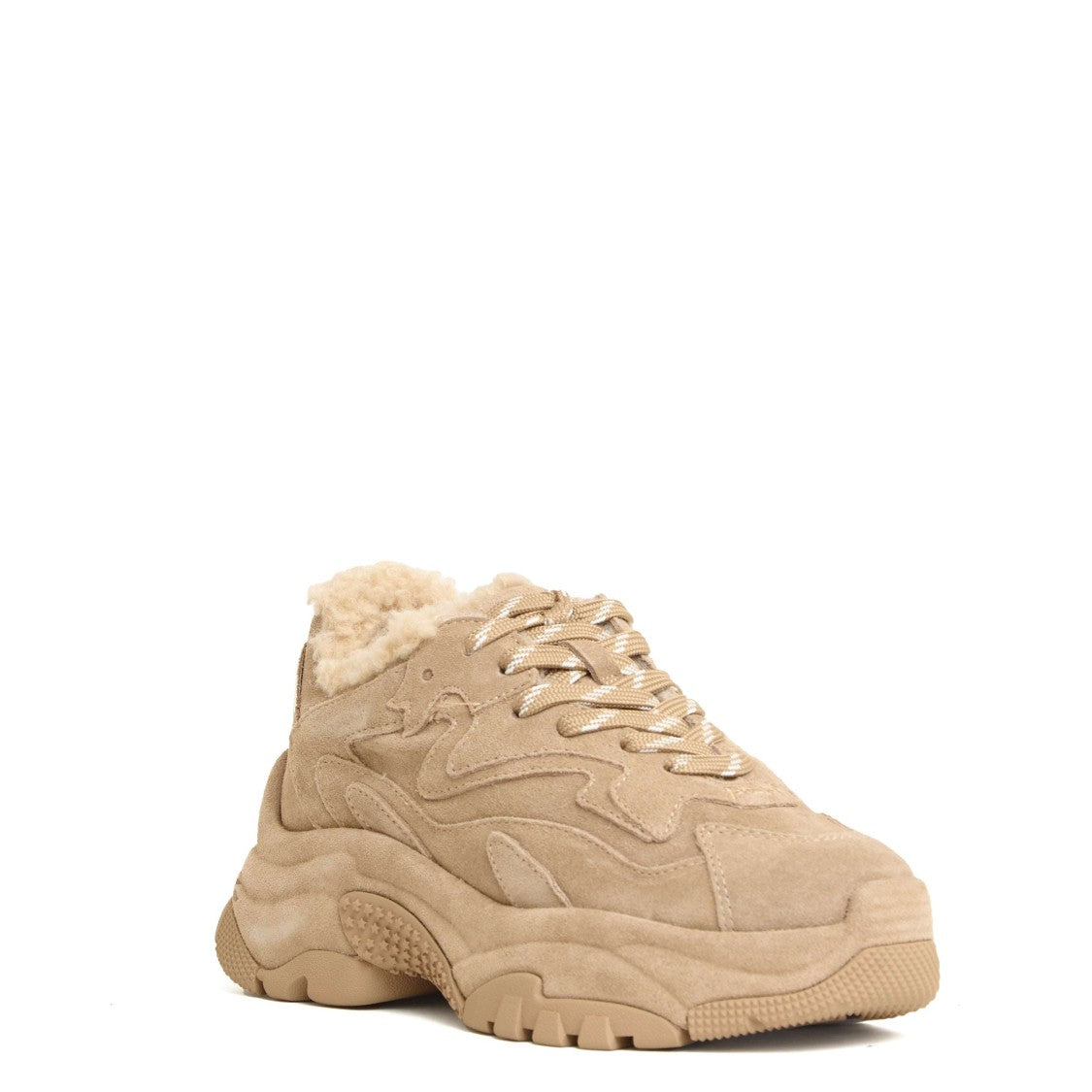 Ash Beige Suede Sneakers With Plush Faux Fur Lining