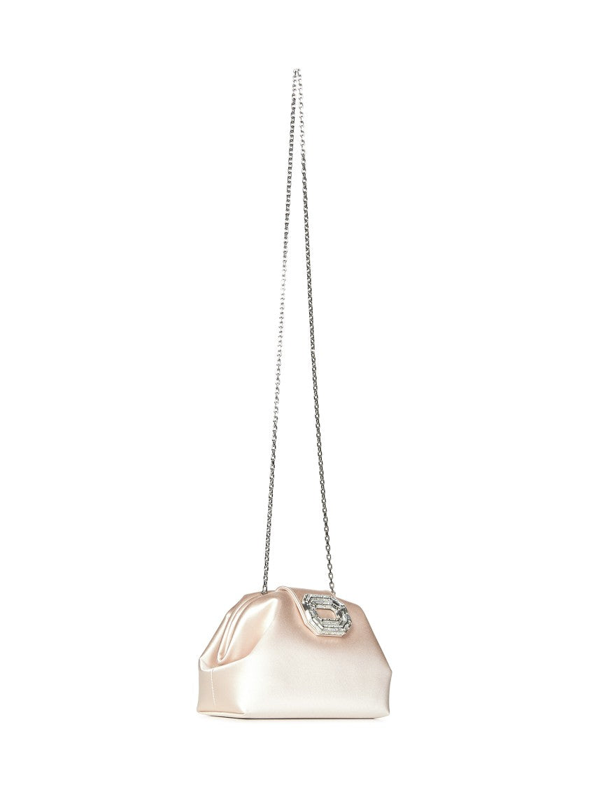 Amina Muaddi Champagne Satin Clutch With Rectangular Mirrored Accent