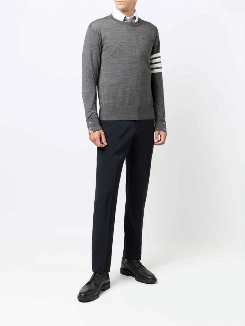 Thom Browne Fine-Knit Grey Merino Wool Sweater With Striped Accent