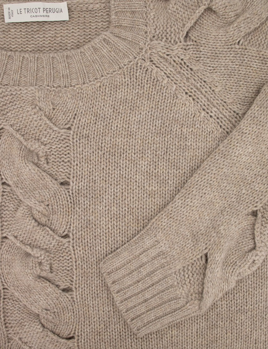 Le Tricot Perugia Cable Knit Cashmere Sweater In Light Mocha