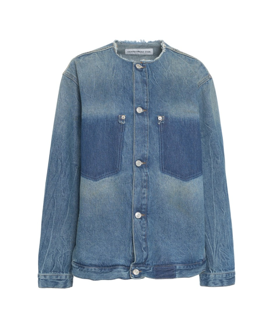 Department Five Collarless Blue Denim Jacket With Relaxed Fit And Textured Details