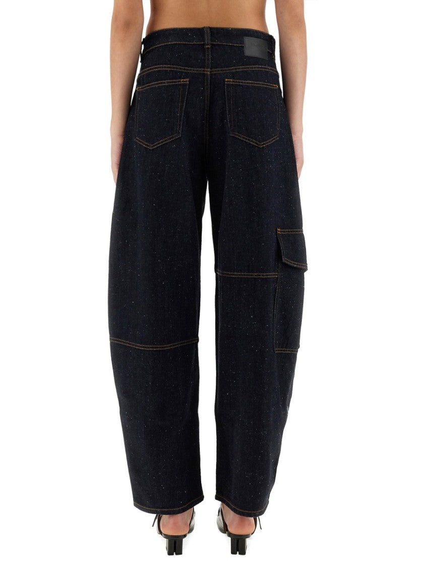 Ganni Wide-Leg Organic Cotton Pants With Checkered Patch Pockets