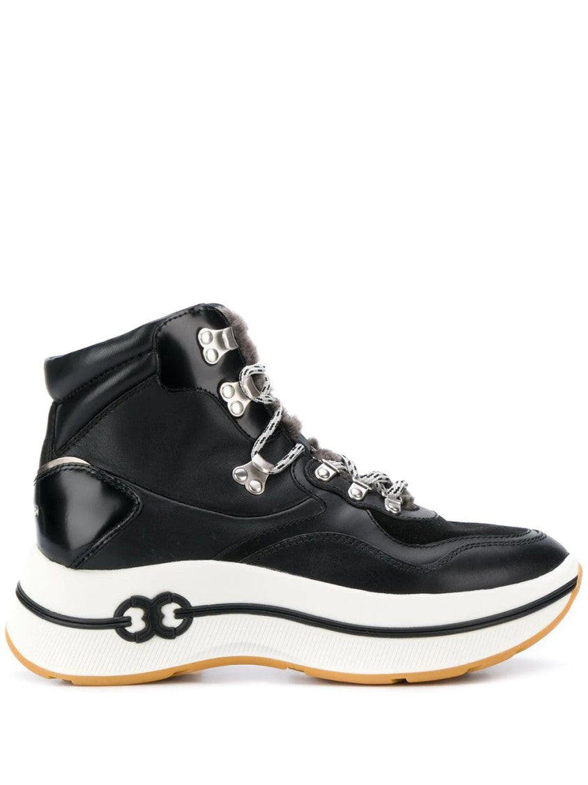 Tory Burch Long Black Leather Boots With Padded Ankle Collar And Contrasting Sole
