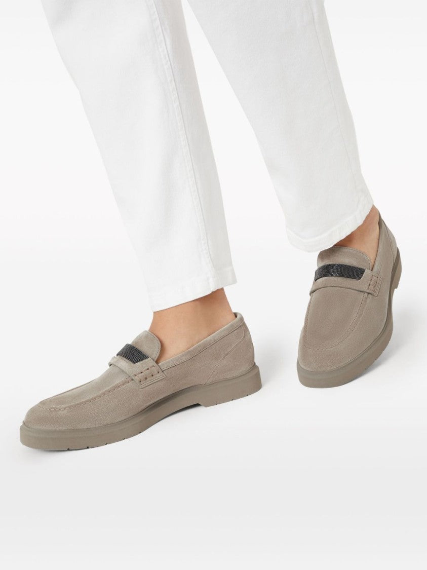 Brunello Cucinelli Beige Suede Moccasin With Crystal Embellishment
