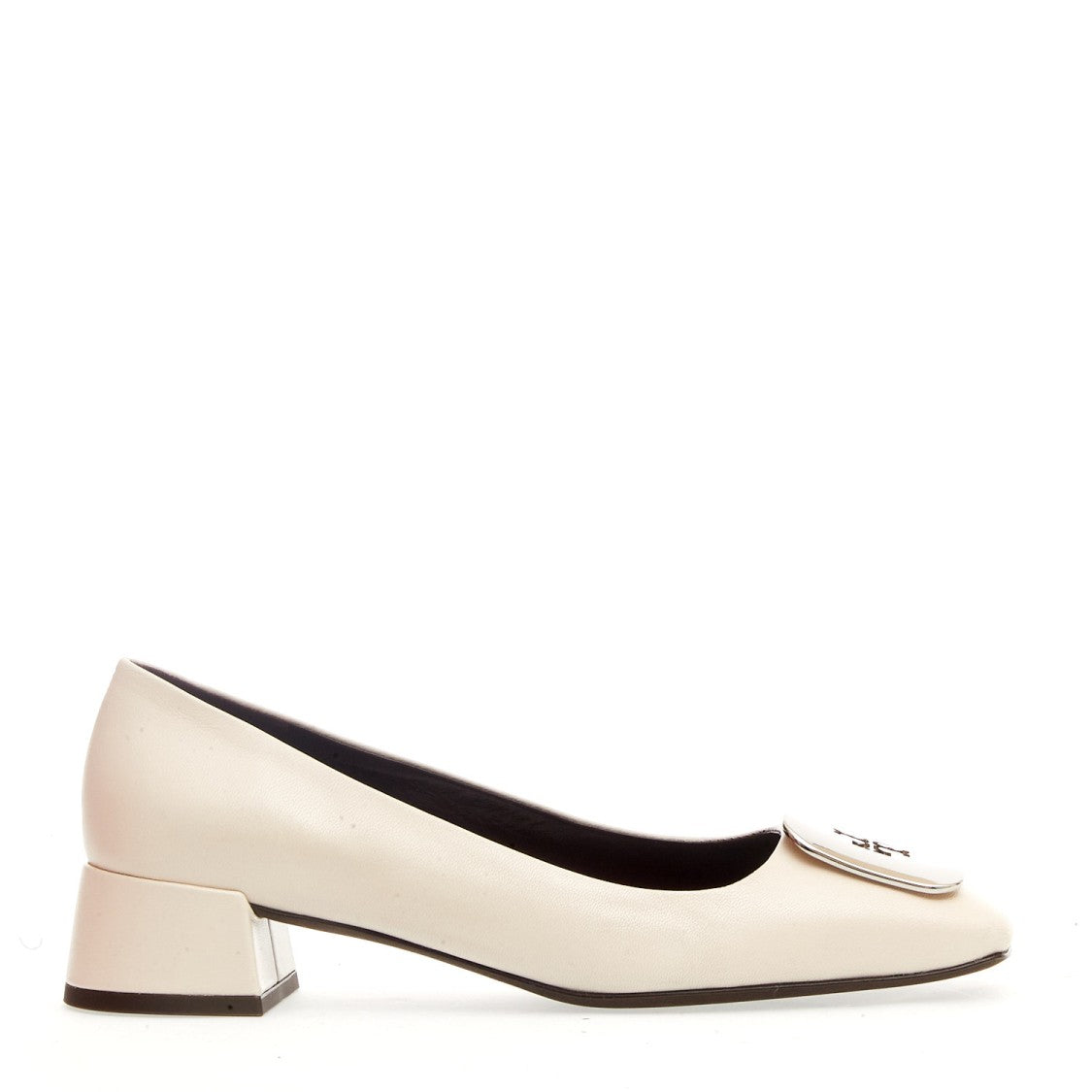 Tory Burch Pump Cream Leather Silver Logo Buckle Heel 40