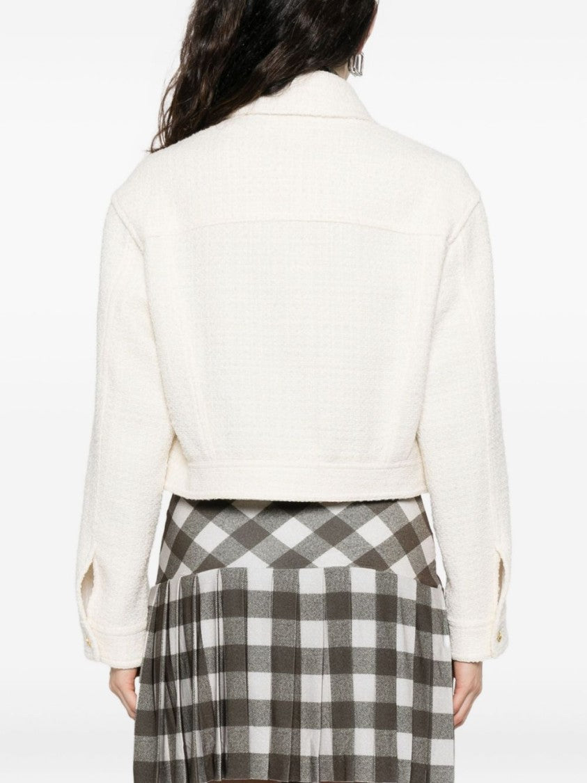 Pinko Cropped White Textured Jacket With Gold-Tone Accents