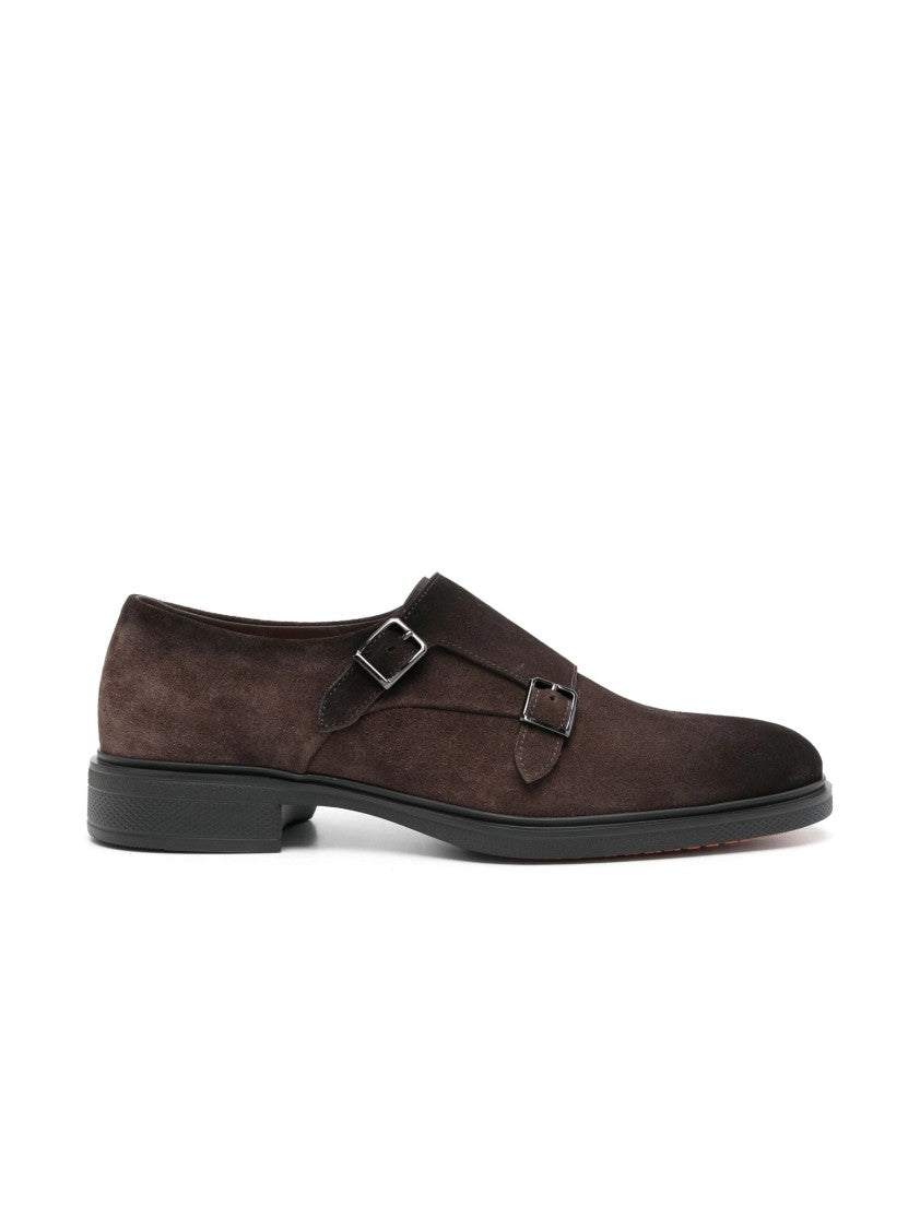 Santoni Monk Strap Calf Suede Loafers With Double Buckle Closure