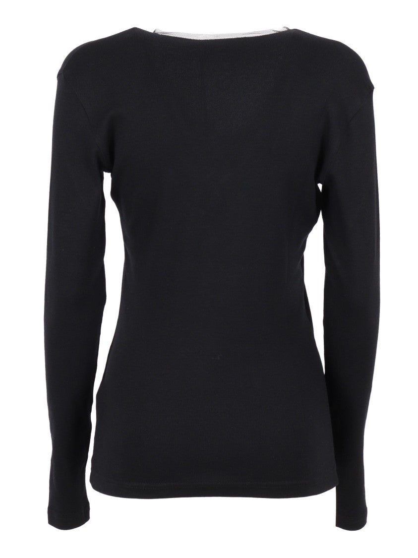 Fabiana Filippi Fitted Ribbed V-Neck Top With Tulle Trim