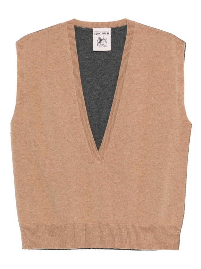 Semi Couture Two-Tone Cashmere-Wool Blend Gilet With V-Neck Design