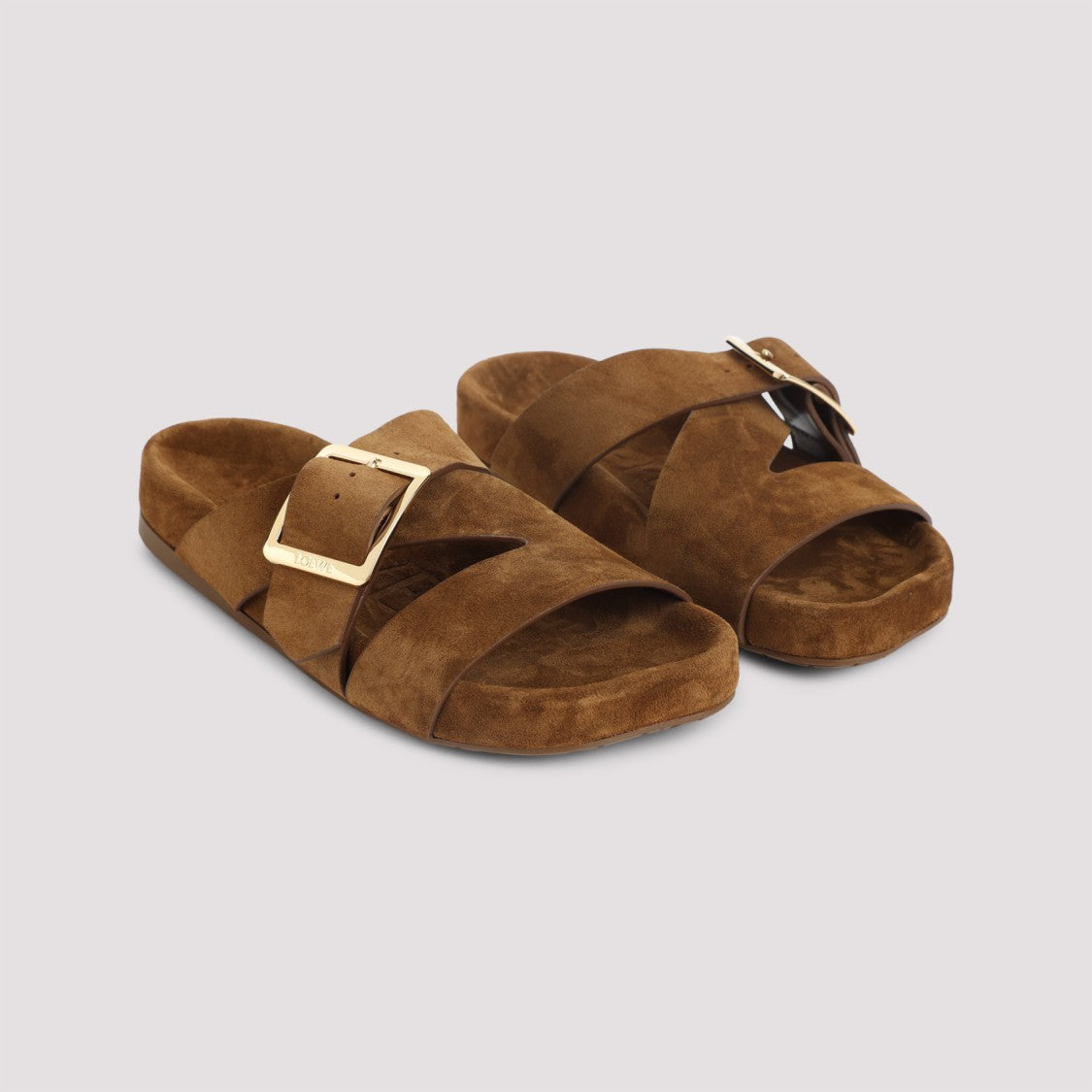 Loewe Brown Calf Suede Sandals With Bold Buckle Detail