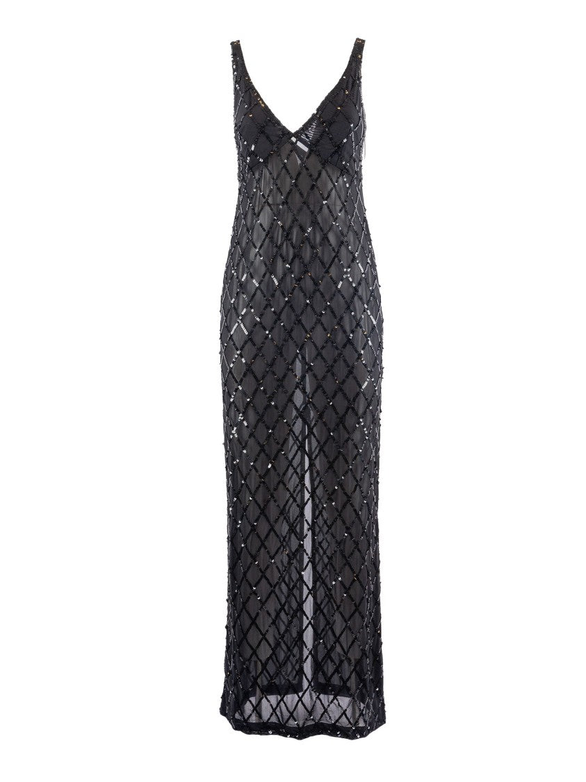 P.A.R.O.S.H. Sequined Black Evening Dress With Deep V-Neckline