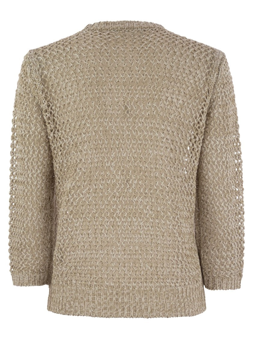 Fabiana Filippi 3/4 Sleeve Striped Crochet-Stitch Cotton Sweater