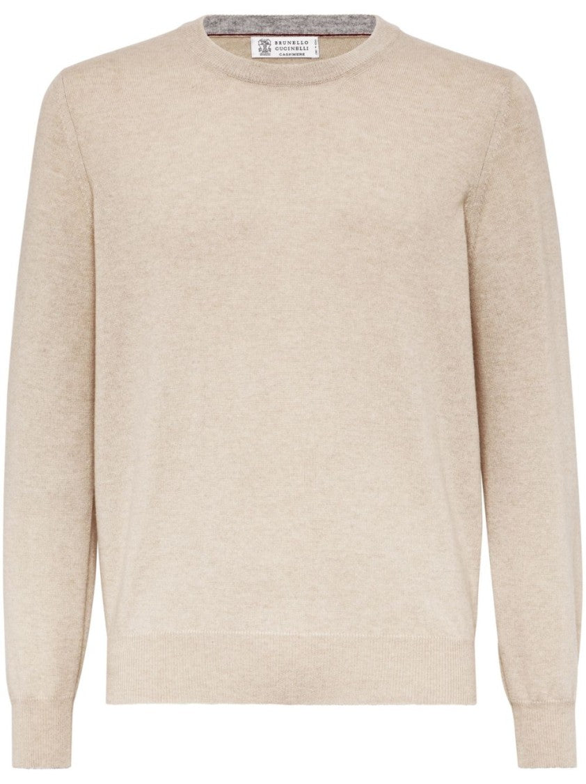 Brunello Cucinelli Beige Cashmere Sweater With Classic Crew Neckline