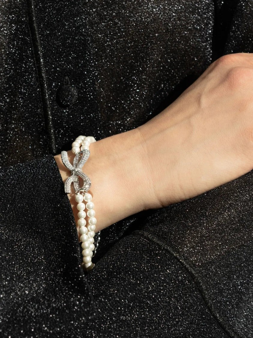 Self-Portrait Crystal-Bow Faux Pearl-Double Strand Bracelet