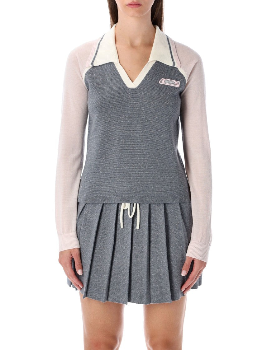 Casablanca V Neck Knit Polo Merino Silver