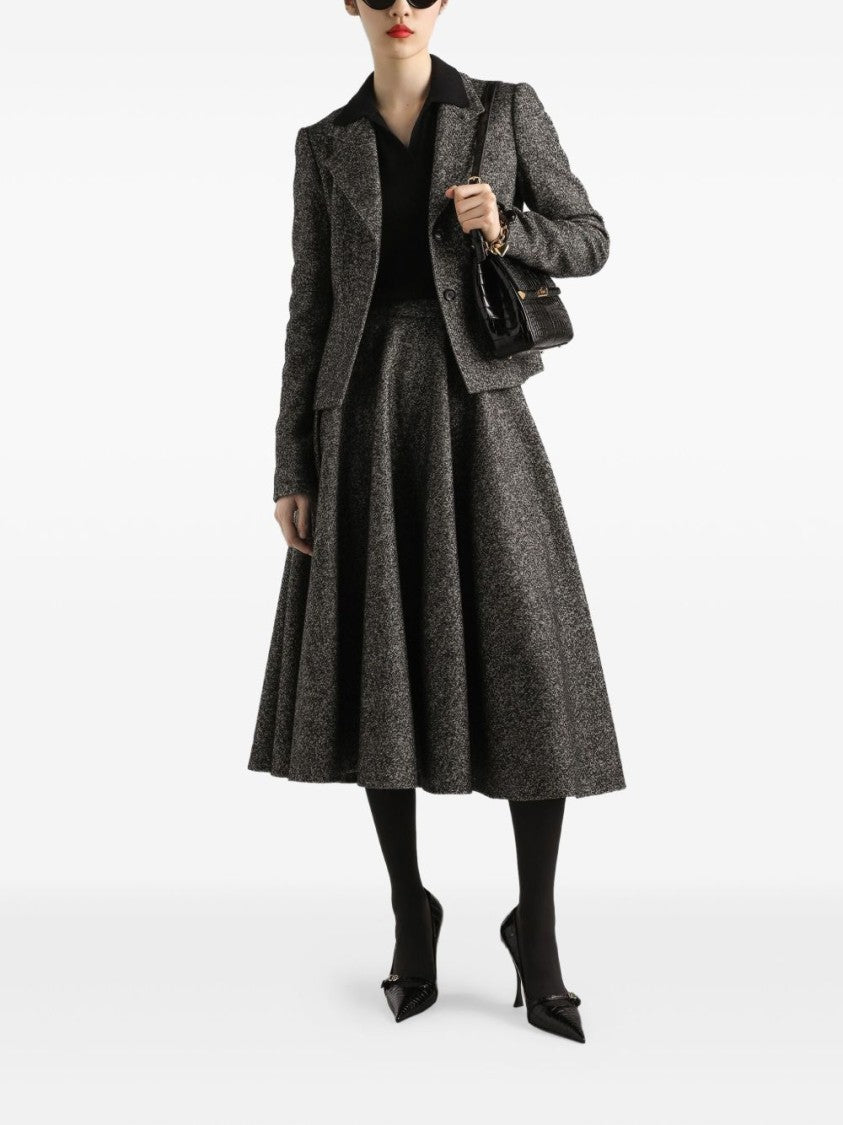Dolce & Gabbana Flared Polka Dot Midi Skirt In Textured Wool Blend