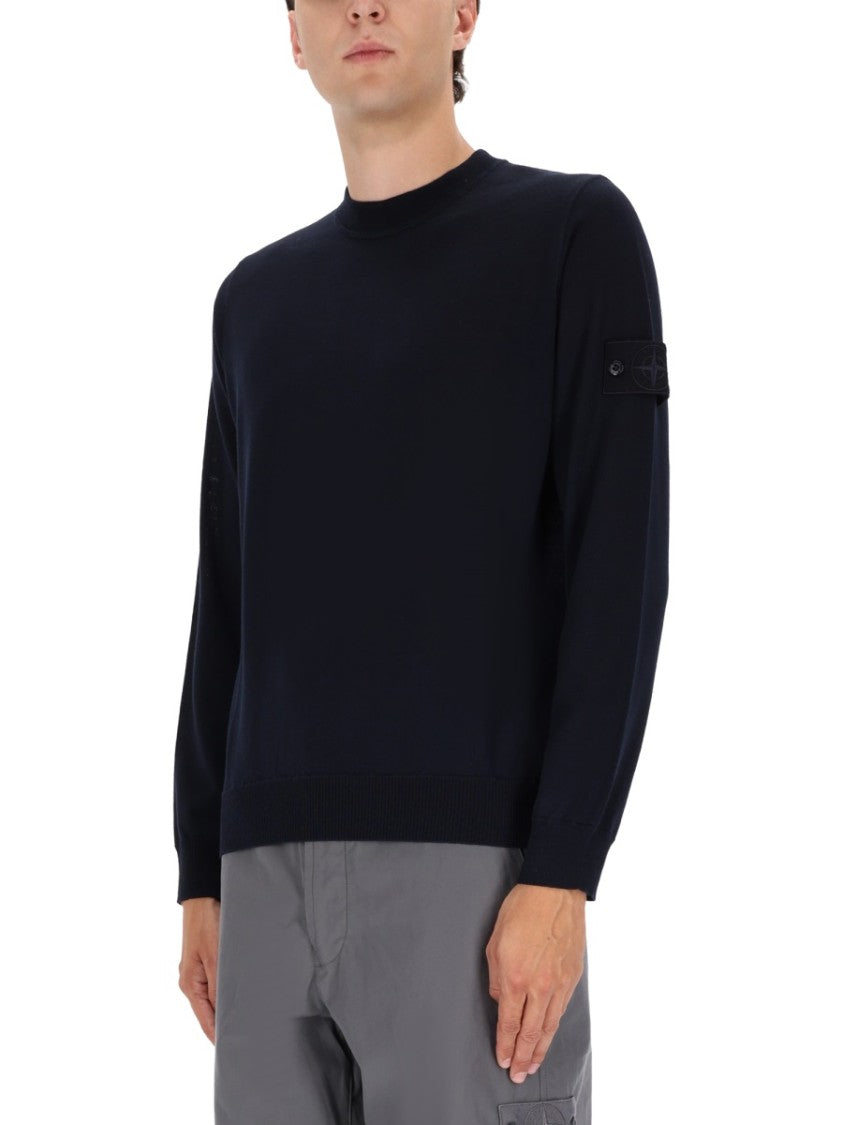 Stone Island Crew Neck Blue Sweatshirt In Virgin Wool
