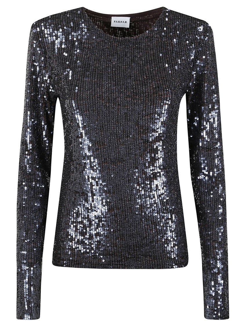 P.A.R.O.S.H. Sequin-Embroidered Dark Brown Tulle Blouse With Fitted Silhouette