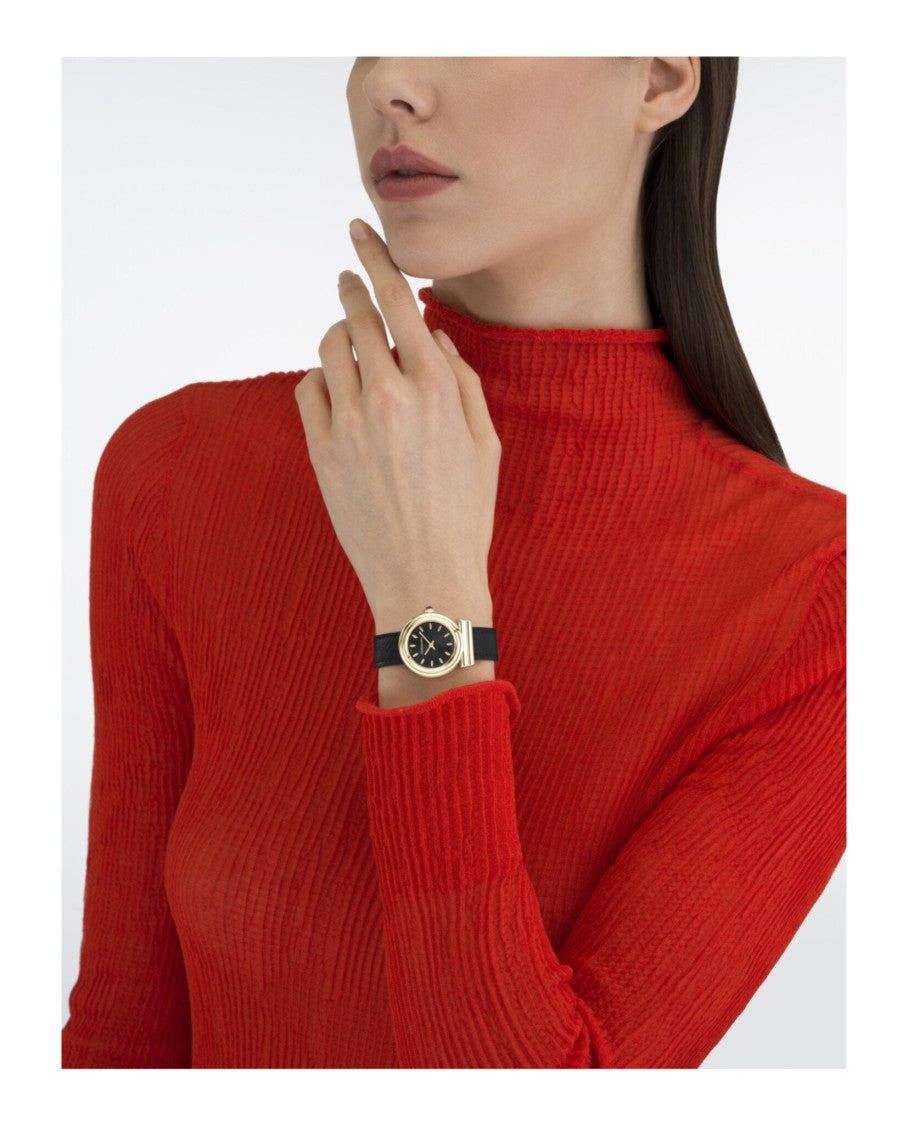 Ferragamo Gancini Leather Watch With Yellow Gold Polished Case