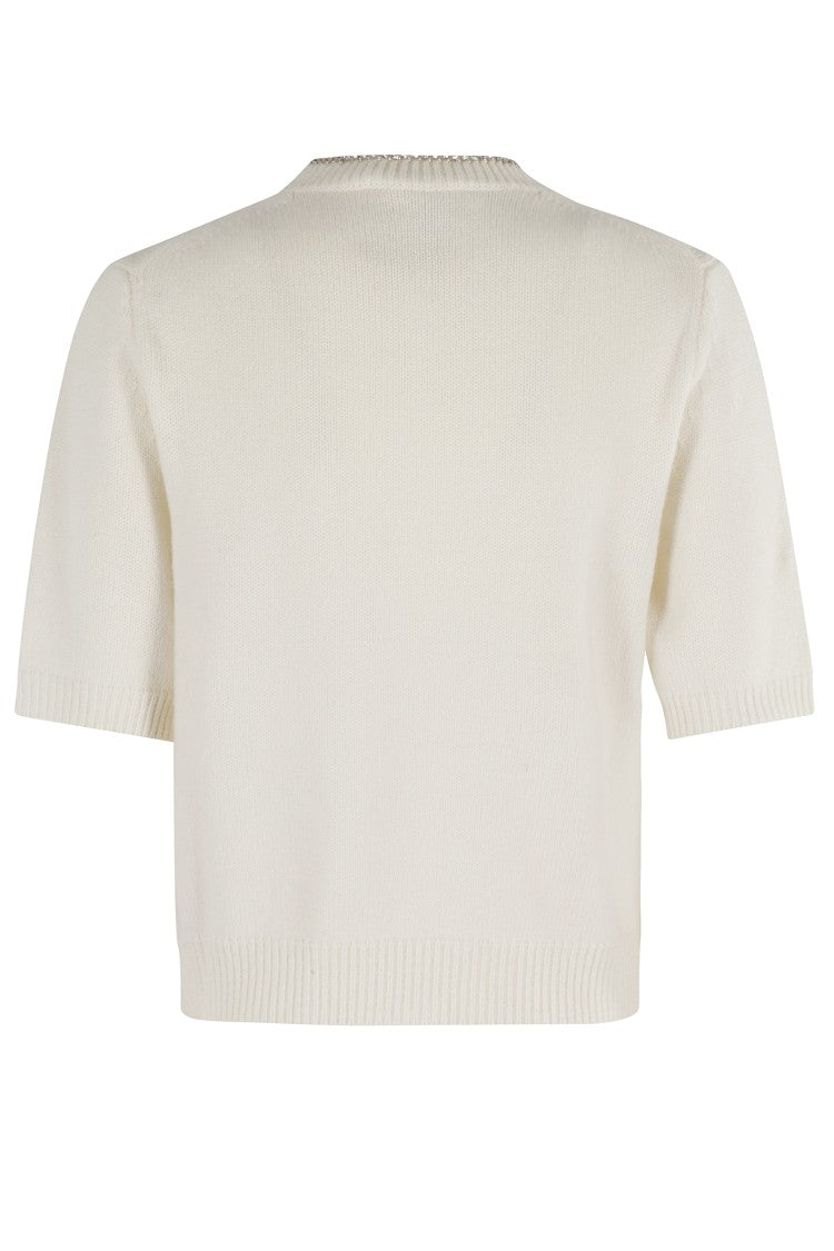 Semi Couture Short-Sleeve Leya Sweater With Rhinestone Neckline