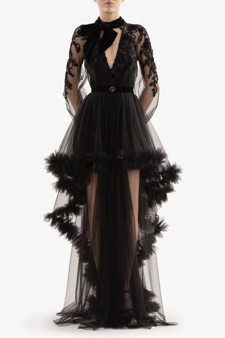 Saiid Kobeisy Embroidered Tulle Dress With Ruffles