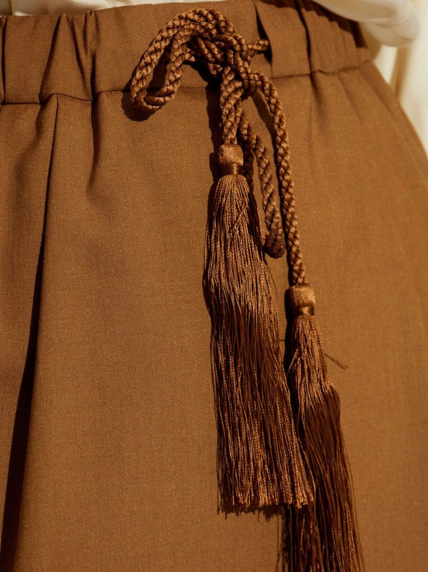 Max Mara Relaxed Fit Brown Leather Skirt With Tassel Waist