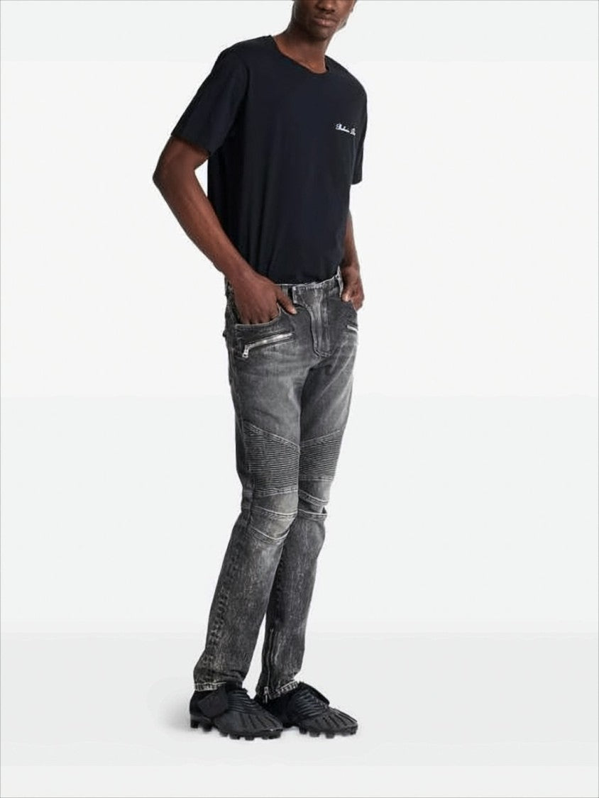 Balmain Slim Fit Distressed Denim Pants With Ribbed Detailing