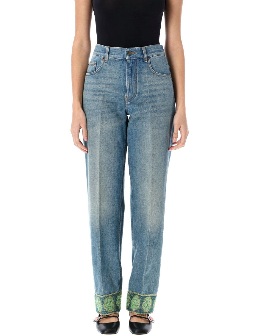 Valentino Garavani Mid-Rise Denim Crop With Embroidered Cuffs