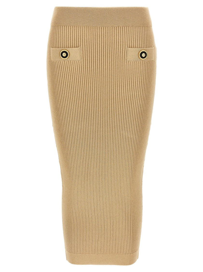 Balmain Ribbed Knit Midi Skirt With Trompe-L'œil Pockets