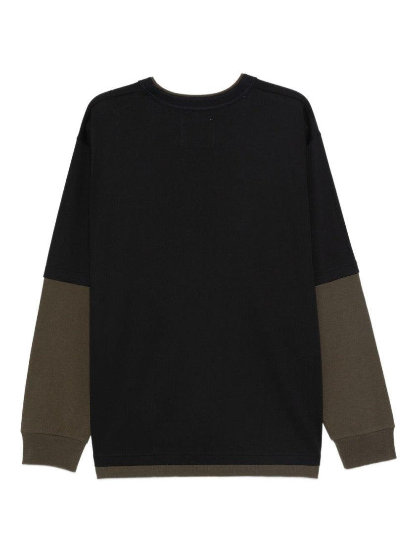 Sacai Long-Sleeve Shirt With Contrasting Olive Green Sleeves And Ribbed Cuffs