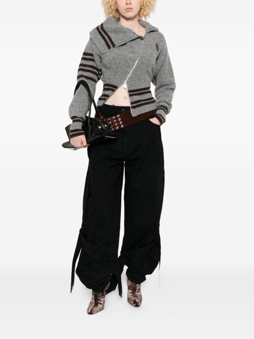 The Attico Asymmetrical Zip Grey Sweater With Ribbed Texture