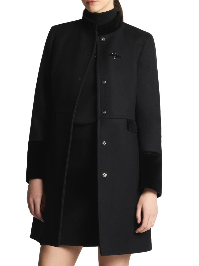 Fay Structured Black Coat With Velvet Accents And High Collar