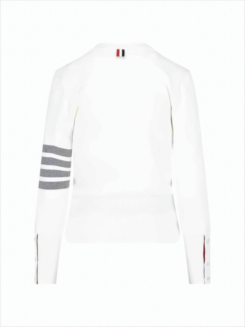 Thom Browne White Knit Sweater With Distinctive Stripes And Button Detail